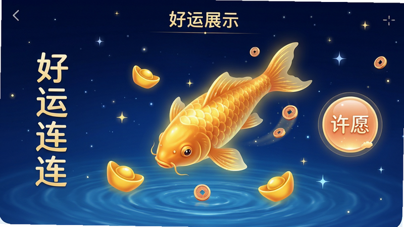 ����Ϊ������APP�ڵġ�����չʾ�����棬����Ϊ����ɫҹ�գ�һ������Ľ�ɫ������ˮ���ζ�����ΧƯ���Ž�ɫ��Ԫ����ͭǮ��Ч��������������ŵġ��������������֣��Ҳ���һ��Բ�εġ���Ը����ť����������ƽ�⣬�Ű������ʶȣ�����λ�Ψ����ϸ�ڰ���ˮ���������ǹ��׺������4k���ɾ�������Ԫ�أ����֡���������������