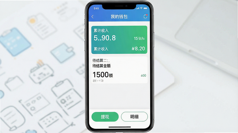 一张手机界面截图,显示“我的钱包”页面,包含余额、累计收入、待结算金额等数据模块,布局整齐,数字清晰醒目,底部有“提现”和“明细”按钮。风格简约商务,色彩明快,画质高,干净无杂乱元素。