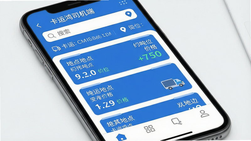 一张现代风格的手机界面展示图,主体为“卡运鸿司机端”APP首页,界面布局清晰,顶部显示搜索栏和定位信息,中部为列表式的货源卡片,包含起终点、吨位、价格等关键信息,底部为导航栏。风格为扁平化设计,色彩以蓝白为主,细节清晰,画质高清,干净无多余元素。