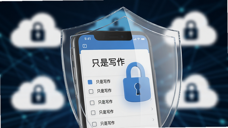 概念图,一部手机被透明的盾牌保护,手机屏幕显示“只是写作”文档列表,背景是虚化的云图标被阻挡在外,强调本地存储与隐私安全,布局紧凑,风格商务安全,细节体现数据锁定的图标,画质高清,干净,无杂乱背景