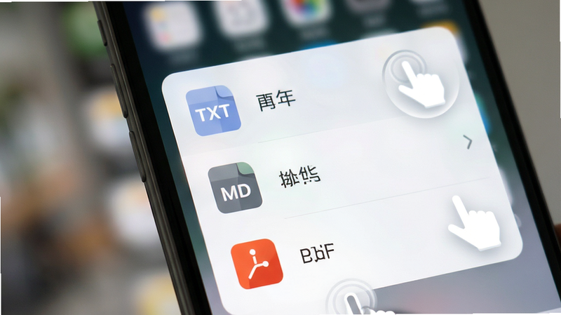 手机屏幕显示“只是写作”的导出选项菜单,列出TXT、MD、PDF图标,图标设计扁平化且色彩柔和,背景虚化,布局垂直列表,风格现代UI设计,细节体现点击反馈的高亮效果,画质精致,干净,无干扰元素