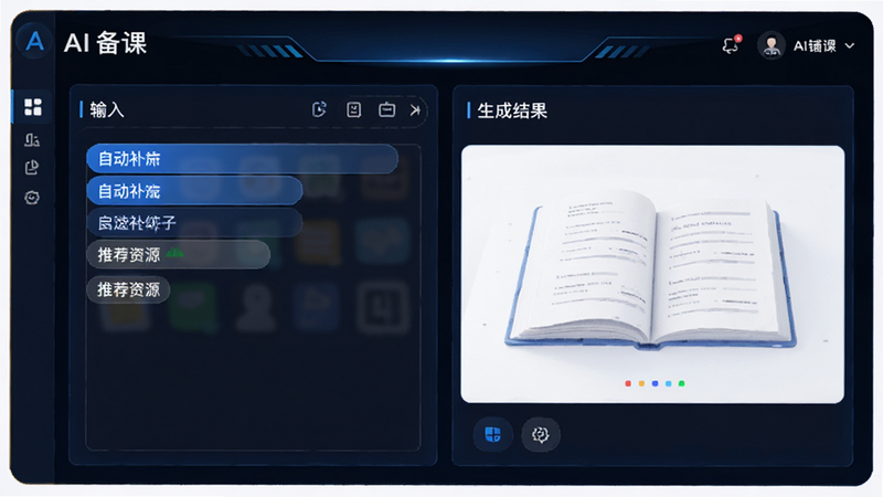 主体为AI备课辅助界面,布局为左侧输入框右侧生成结果预览,风格为智能科技感,细节包含自动补全建议与推荐资源标签,画质4K,干净,无多余元素,文字
