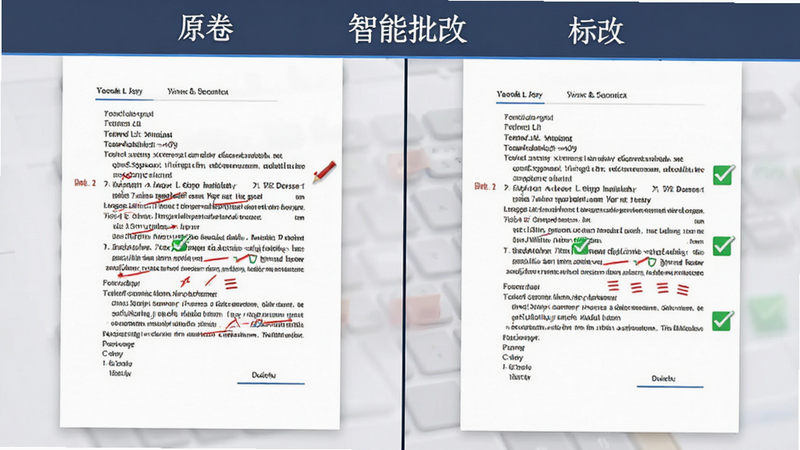 主体为作业批改对比界面,布局为左右分屏,左侧原卷右侧标注版,风格为学术严谨风,细节包含红色错误标记与绿色正确勾选,画质高清,干净,无多余元素,文字