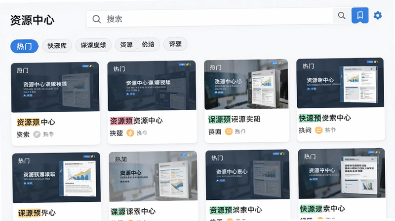 主体为资源库检索界面,布局为上下结构,上方为搜索栏与筛选标签,下方为网格状课件卡片,风格为极简商务风,细节包含高亮的热门标签与快速预览缩略图,画质高清,干净,无多余元素,文字