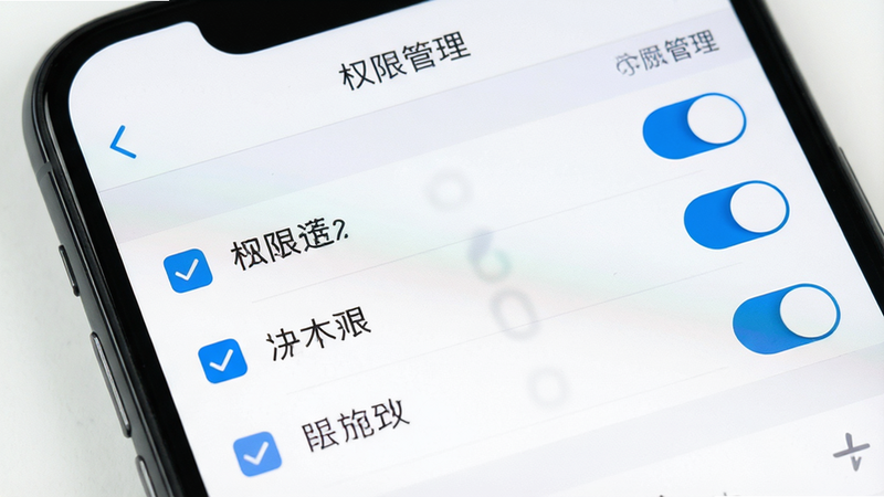 主体为手机设置界面特写,布局为列表式权限管理页面,风格为系统原生UI,细节包含勾选的权限项与开关按钮,画质高清,干净,无多余元素,文字