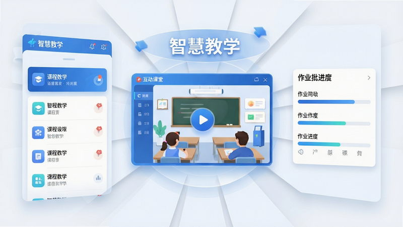 主体为“智慧教学”APP界面全景展示,布局采用中心辐射式排版,左侧显示课程列表,中间突出互动课堂视频窗口,右侧展示作业批改进度条,风格为现代扁平化科技蓝,细节包含清晰的图标与柔和阴影,画质4K高清,干净无多余元素,文字