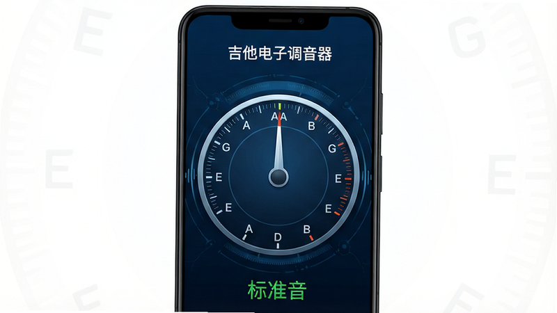 主体为一部竖屏显示的安卓智能手机,屏幕中央显示“吉他电子调音器”的应用界面,界面背景为深蓝色科技风,中央有一个巨大的圆形指针表盘,指针指向正上方,周围环绕着E A D G B E的音符标识,底部显示绿色“标准音”字样。布局居中对称,排版清晰,风格现代简约,细节处有微弱的声波波纹动画效果,画质高清,干净无多余元素,文字清晰可读