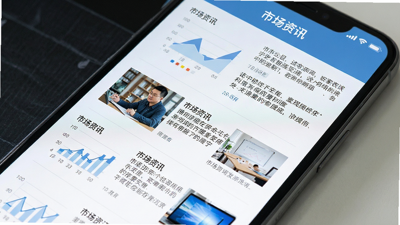 主体为手机新闻流界面,布局为图文结合列表,排版紧凑,风格资讯化,细节包含图表与文字摘要,画质高清,干净,无多余元素,文字包含“市场资讯”