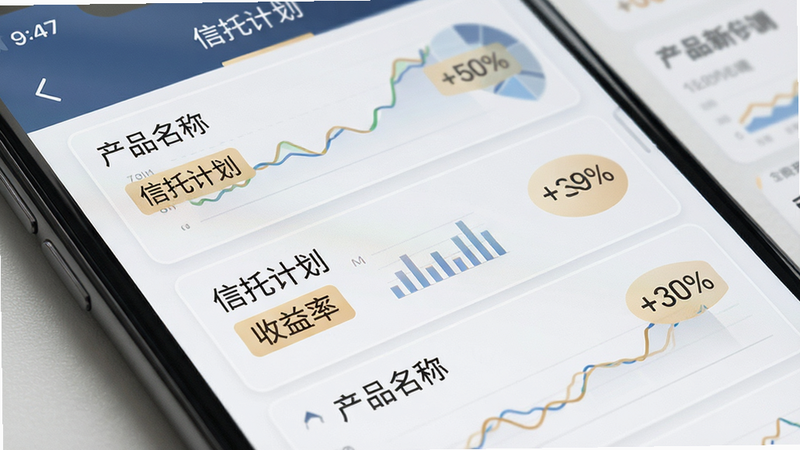 主体为手机屏幕特写,显示信托产品列表页面,布局为上下滚动结构,排版整齐,风格现代金融风,细节展示产品名称、收益率标签,画质清晰,干净,无多余元素,文字包含“信托计划”