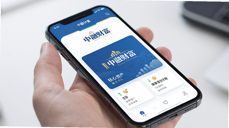 主体为手机界面全屏展示,布局中心突出“中融财富”Logo及核心资产卡片,排版清晰有序,风格商务简约,细节包含蓝色主色调与白色卡片对比,画质高清,干净,无多余元素,文字包含“中融财富”