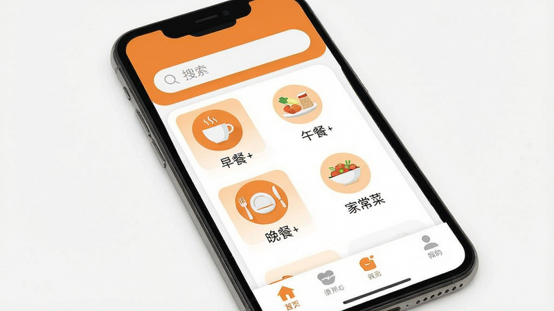 一张高清的手机应用界面展示图,主体是“每日食谱大全”App的主界面,布局清晰,顶部有搜索栏,中间是分类图标如“早餐”、“午餐”、“晚餐”、“家常菜”,底部是导航栏,风格现代简约,扁平化设计,色彩以温暖的橙色和白色为主,细节精致,无多余元素,高清画质,干净背景