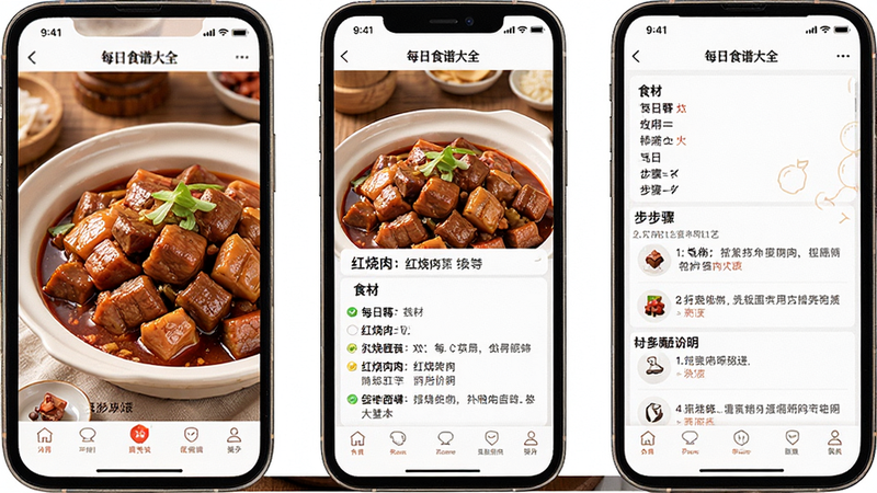 一张展示应用内食谱详情的手机屏幕截图,主体是“每日食谱大全”App中的某道红烧肉食谱页面,布局包含菜品大图、食材列表、步骤说明,风格写实温馨,细节展示清晰的烹饪步骤,画质高清,界面干净,无杂乱广告