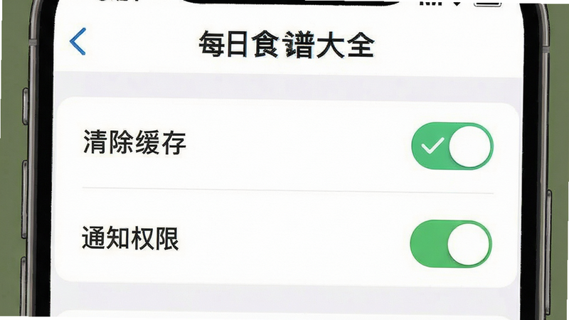 一张手机操作界面的示意图,展示“每日食谱大全”App的设置页面,主体是“清除缓存”和“通知权限”的开关状态,布局清晰,风格简洁,细节显示勾选状态,高清画质,无水印
