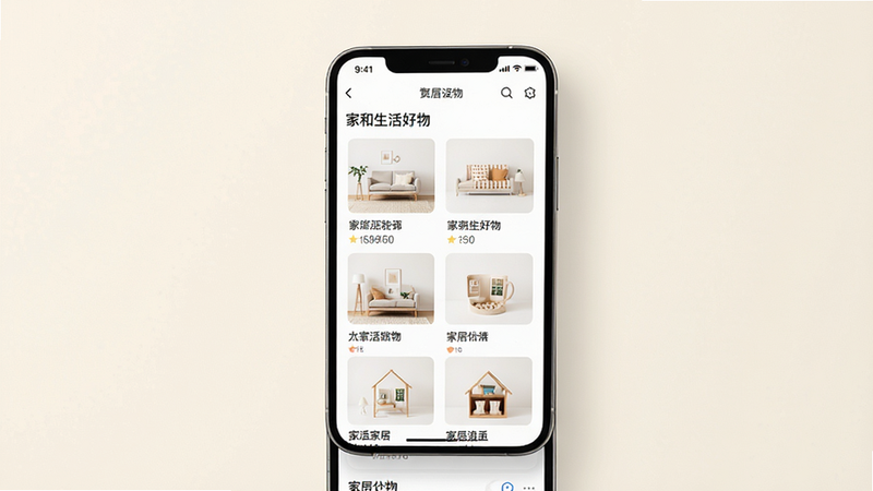 一张展示“家和生活好物”APP手机界面的高清预览图,主体为智能手机,屏幕显示简洁的家居好物分类列表,背景为柔和的米白色调,布局整洁,排版清晰,风格现代简约,细节精致,画质清晰,干净,无多余元素