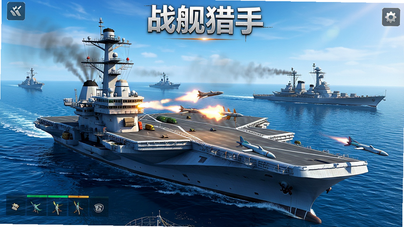 一张高清晰度的《战舰猎手》游戏主界面截图,展示了一艘现代化的航空母舰正在发射导弹,背景是蔚蓝的海面与远处的战列舰,画面色彩鲜艳,光影效果逼真,风格为3D写实渲染,细节丰富,画质高清,无多余元素,文字“战舰猎手”位于顶部中央