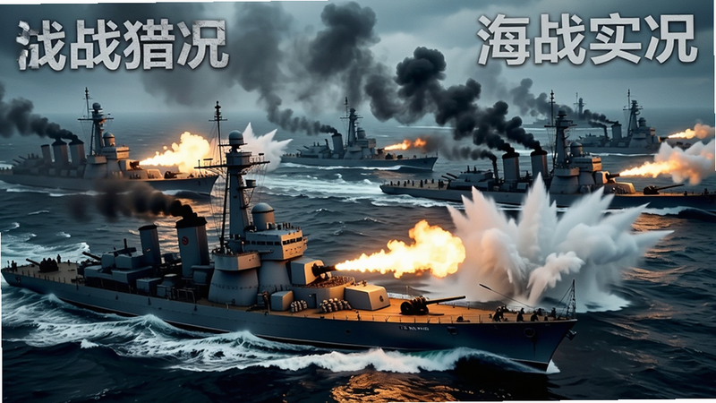 《战舰猎手》中多艘战舰在海面上激烈交火的场景,炮口火光四溅,海面激起巨大浪花,远处有浓烟升起,视角为俯视偏侧方,展现战争的激烈程度,风格为电影级写实,色彩对比强烈,画质清晰,无水印,文字“海战实况”