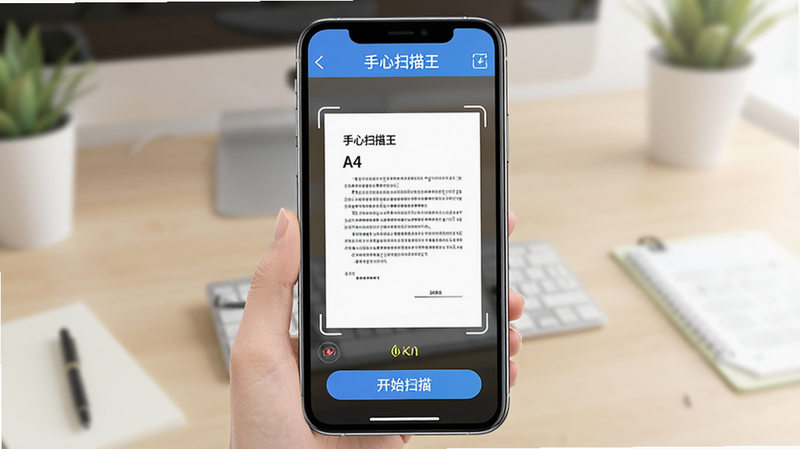 一张展示“手心扫描王”应用界面的高清渲染图,主体为手机屏幕,显示正在扫描一张A4纸文档,界面简洁现代,顶部有“手心扫描王”字样,底部有“开始扫描”按钮,背景为柔和的办公桌面,风格扁平化,色彩明亮,画质8k,无多余装饰元素