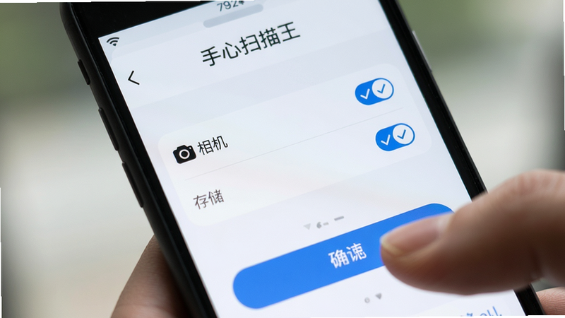 手机屏幕特写,显示“手心扫描王”的权限设置界面,勾选了相机和存储权限,界面清晰,手指点击确认,背景模糊,风格实用主义,高清,无干扰元素