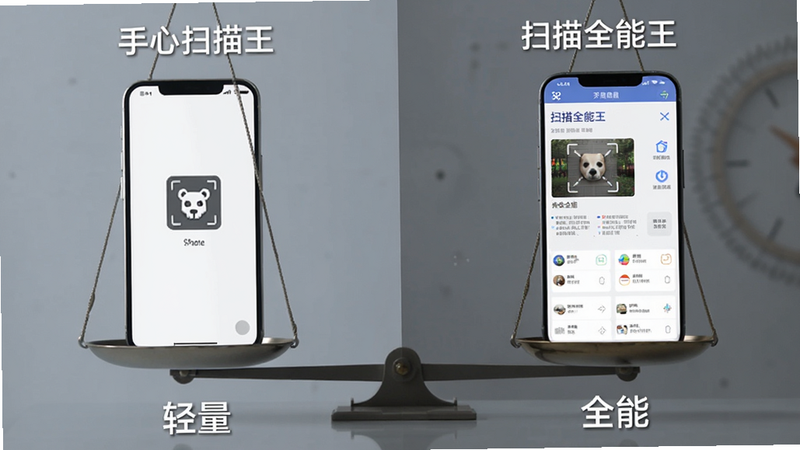 对比图,左侧为“手心扫描王”简洁界面,右侧为“扫描全能王”复杂界面,中间用天平平衡,体现轻量化与功能丰富的对比,风格客观中立,高清,无品牌logo遮挡,文字标注“轻量”与“全能”