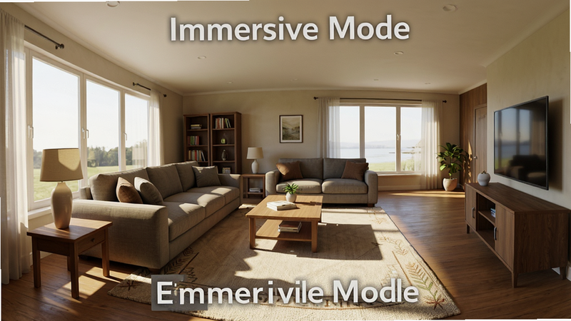 主体为Easy Realm内的3D虚拟房间场景,布局展示一个宽敞明亮的客厅,排版为全景视角,风格为写实渲染,细节包含家具纹理与光影投射,画质超清,干净,无多余元素,文字显示