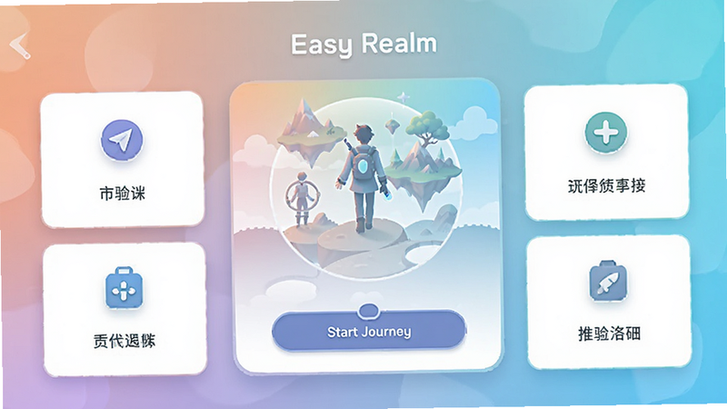 主体为Easy Realm应用的主界面截图,布局采用居中卡片式设计,排版整洁有序,风格为现代扁平化UI,细节包含柔和的渐变背景与清晰的图标,画质高清,干净,无多余元素,文字显示
