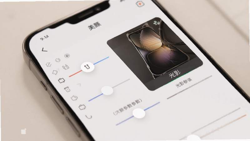主体为手机屏幕,显示美颜参数调节滑块与光影效果对比,界面简洁,色调柔和,风格专业工具感,高清,无多余元素