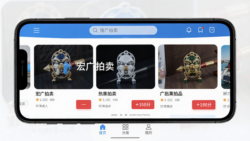 主体为手机屏幕界面展示宏广拍卖APP首页,布局清晰分为顶部搜索栏、中部轮播图展示热门拍品、底部导航栏包含首页、分类、我的等图标,排版整洁现代,风格扁平化科技蓝白色调,细节展示高清晰度拍品图片与红色竞价按钮,画质高清,干净无多余元素,文字显示“宏广拍卖”