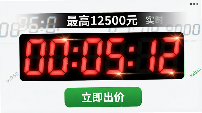 主体为拍卖倒计时界面特写,布局中心为巨大的红色数字倒计时显示00:05:12,上方显示当前最高价12500元,下方有绿色按钮显示“立即出价”,风格紧张刺激,细节体现数字跳动的光影效果,画质清晰,干净无杂乱背景,文字显示“实时竞价”