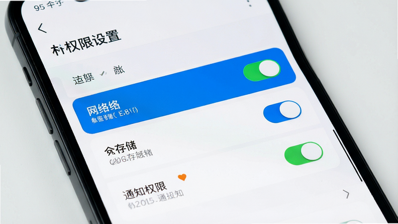 主体为手机设置界面,布局展示权限管理列表,高亮显示网络、存储、通知权限,风格简洁科技,细节展示开关状态的清晰标识,画质清晰,干净无杂乱,文字显示“权限设置”
