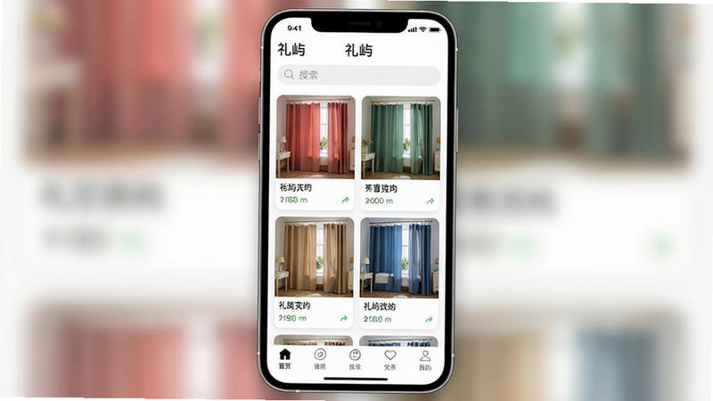 一张高清手机屏幕截图风格图片,主体为礼屿APP首页界面,布局清晰,顶部显示搜索栏,中部展示多款不同颜色的床帘产品卡片,底部为导航栏,排版整洁,风格清新简约,细节丰富,包含柔和的光影效果,画质高清,干净,无多余元素,文字标注“礼屿”