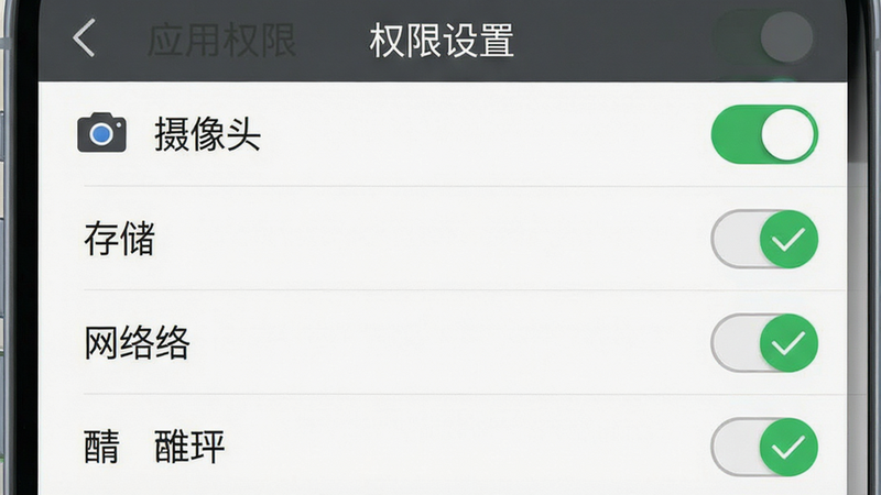手机设置界面截图,显示应用权限管理页面,主体为列表式布局,包含摄像头、存储、网络等权限开关,排版整齐,风格扁平化,细节处有绿色勾选标记,画质清晰,干净,无多余元素,文字标注“权限设置”