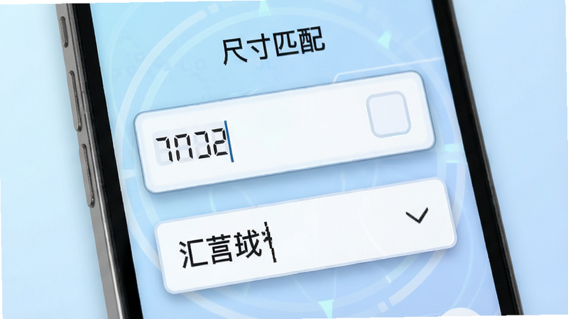 手机应用界面特写,显示尺寸输入表单,背景为淡蓝色渐变,主体为数字输入框和下拉菜单,布局垂直排列,排版紧凑,风格科技感,细节处有微弱的阴影效果,画质清晰,干净,无多余元素,文字标注“尺寸匹配”