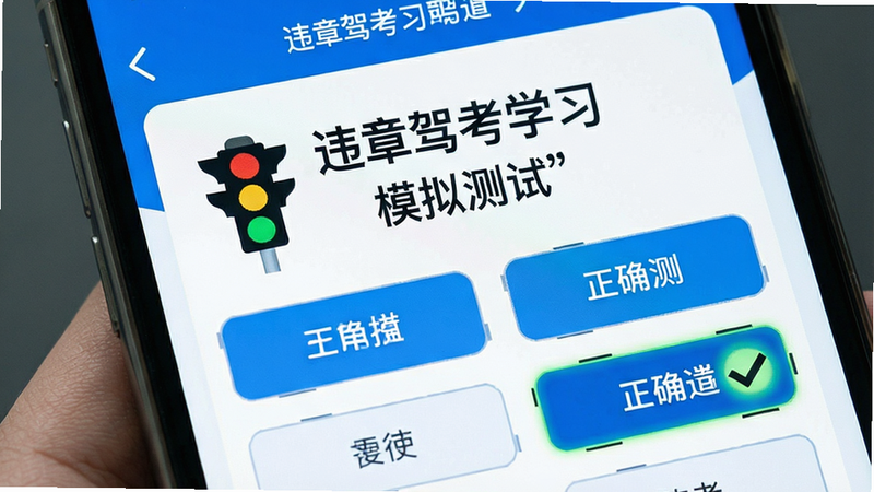 主体为手机屏幕展示驾考题目界面,布局为上方题目描述下方四个选项按钮,排版紧凑有序,风格为蓝白科技风,细节包含交通信号灯图示与正确选项高亮标记,画质清晰,干净,无多余元素,文字显示为