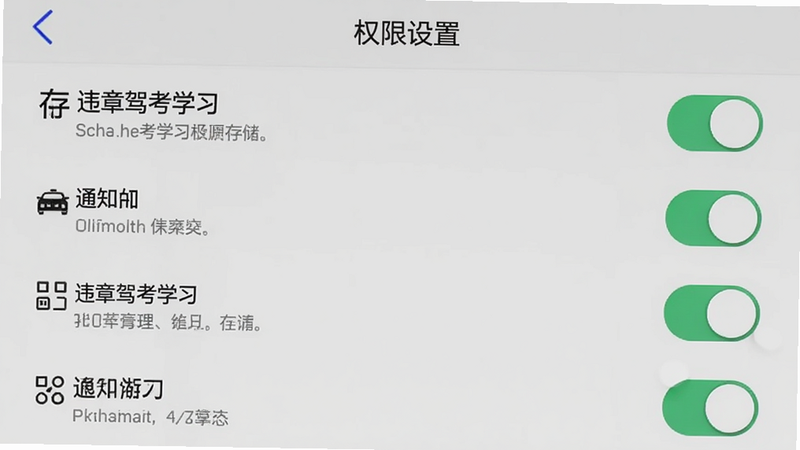主体为手机设置界面展示权限管理,布局为列表形式显示存储、通知等权限开关,排版规整,风格为系统原生灰白风,细节包含开关按钮状态与权限说明文字,画质清晰,干净,无多余元素,文字显示为