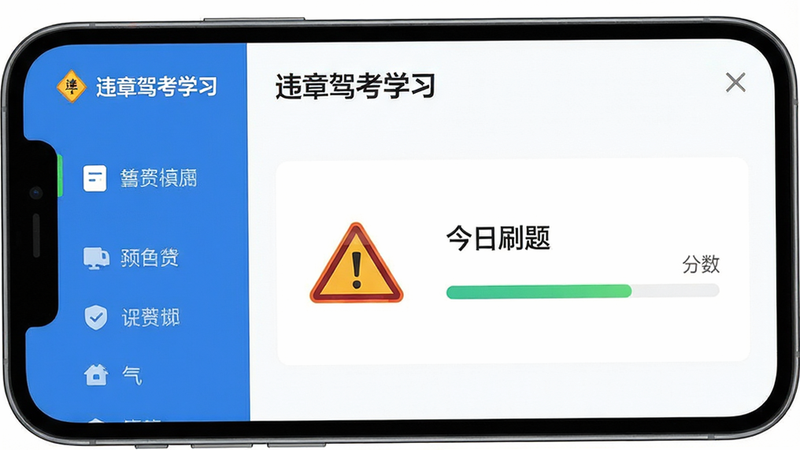 主体为手机屏幕显示违章驾考学习APP界面,布局为左侧功能导航栏右侧内容展示区,排版整齐清晰,风格为现代简约扁平化,细节包含违章标志图标与分数进度条,画质高清,干净,无多余元素,文字显示为