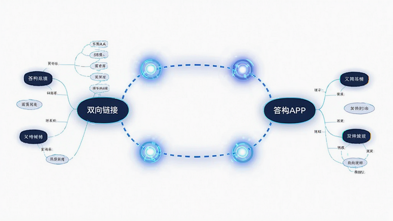 主体是答构APP的双向链接演示,布局展示两个独立导图通过虚线连接,排版居中对称,风格为科技感线条艺术,细节高亮显示链接两端节点的光效,画质精致,背景纯白