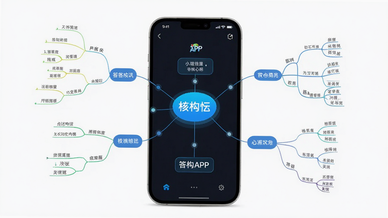 主体是答构APP的手机屏幕界面,布局展示中心节点向四周辐射的思维导图结构,排版简洁现代,风格为扁平化科技风,细节包含清晰的节点连接线和高亮的核心概念文字,画质高清,背景干净无多余元素