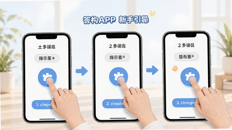 主体是答构APP的新手引导界面,布局展示三步操作图示,排版线性排列,风格为友好亲切风,细节展示手指点击图标和箭头指引,画质清晰,背景明亮