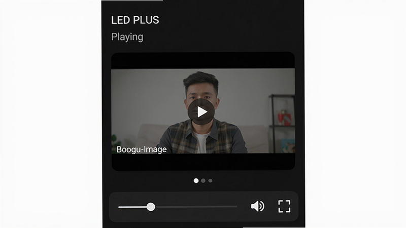 Boogu-Image 提示词:主体为 LED PLUS 安卓应用界面截图,布局采用深色模式背景,中央显示正在播放的视频画面,下方有简洁的控制条包含进度滑块、音量与全屏按钮,整体风格现代简约,细节处体现高清质感,画质8k,干净无多余元素,文字清晰显示为