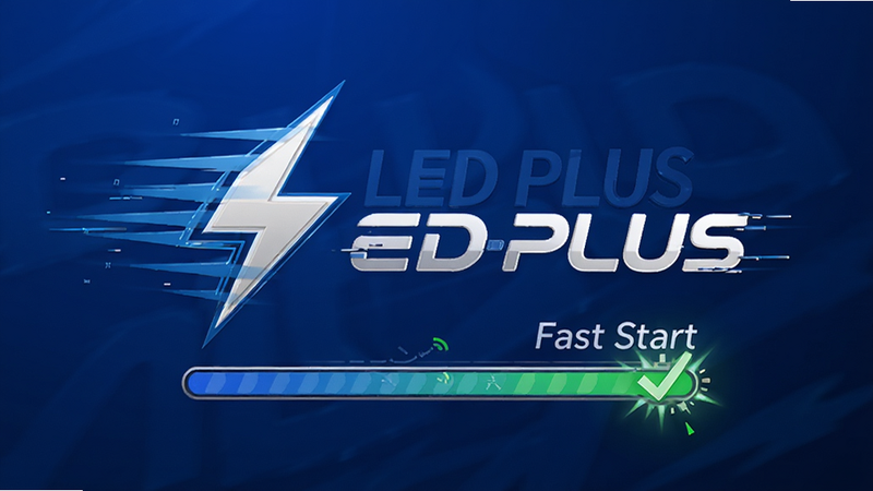 Boogu-Image 提示词:主体为 LED PLUS 应用启动过程示意图,布局动态感强,中心为闪电符号与 LED PLUS Logo,风格速度感,细节处显示加载进度条瞬间完成,画质锐利,干净背景,文字显示