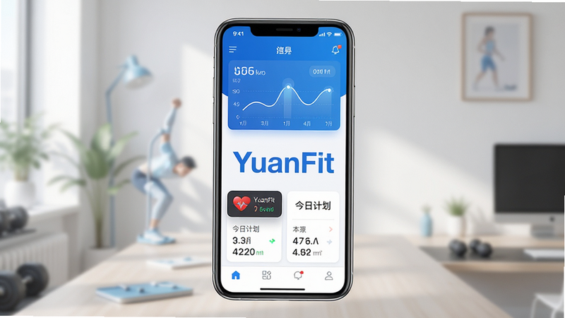 一张高清的YuanFit软件界面全景图,主体为手机屏幕,展示健身首页,布局清晰,包含运动数据图表和今日计划卡片,排版整洁现代,风格为清新科技蓝白色调,细节处显示心率监测图标和步数统计,画质超清,干净,无多余元素,中间醒目显示文字