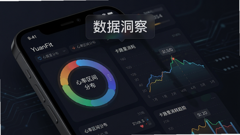 YuanFit的数据仪表盘界面,主体为手机屏幕上的环形图表和折线图,布局丰富但有序,排版专业,风格为深色模式科技风,细节显示心率区间分布和卡路里消耗趋势,画质精细,干净,无多余元素,文字