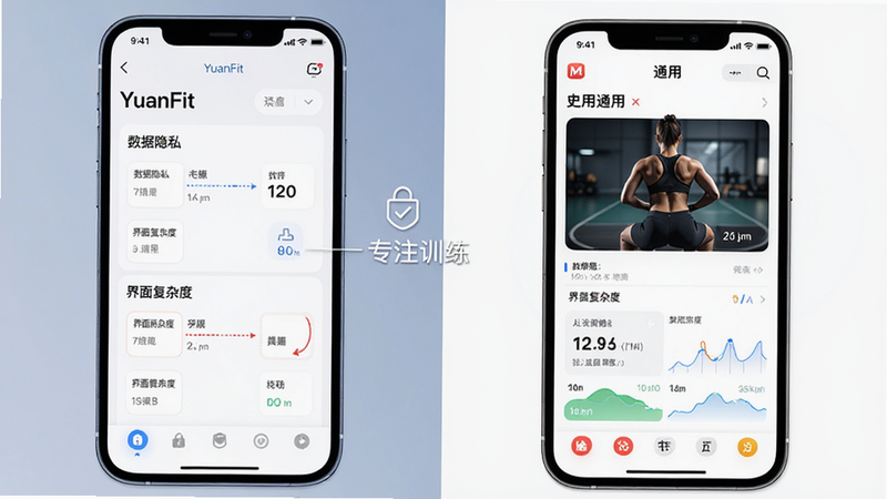 对比图表插图,主体为两个并排的手机屏幕,左侧显示YuanFit界面,右侧显示通用健身应用界面,布局对比鲜明,排版平衡,风格为简约商务风,细节显示两者在