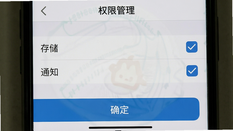 手机设置界面截图,显示“权限管理”列表,其中“存储”和“通知”权限被勾选,界面下方有“确定”按钮,风格写实,细节丰富,清晰展示操作路径,高清无噪点