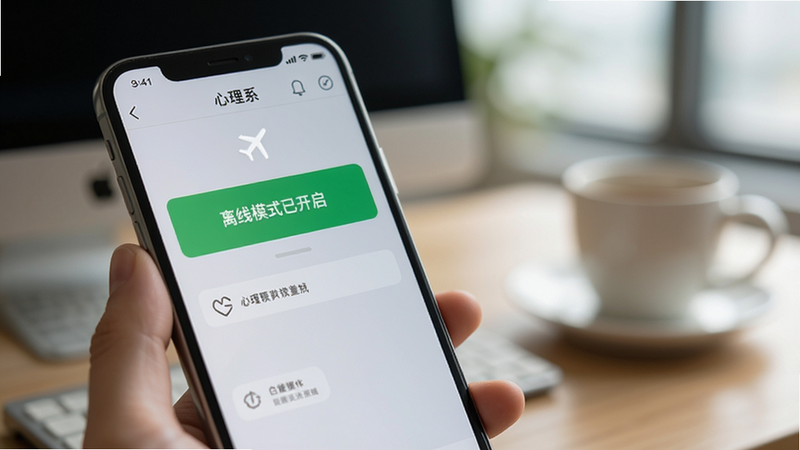 手机处于飞行模式图标下运行“心理系”APP的场景图,屏幕显示“离线模式已开启”的绿色提示,背景模糊处理,突出手机主体,传达稳定与可靠的感觉,光线柔和,画质细腻