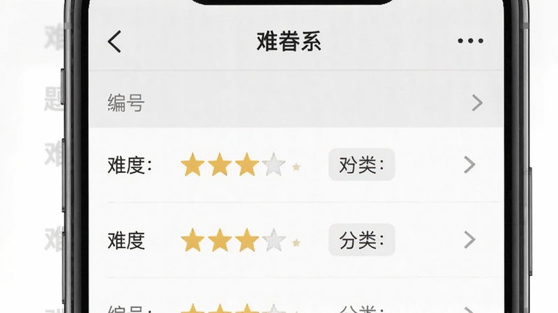 展示“心理系”APP内部题库列表界面的手机截图风格图,列表中包含题目编号、难度星级和分类标签,背景为浅灰色,文字清晰,布局整齐,体现专业与秩序感,高清细节,无水印