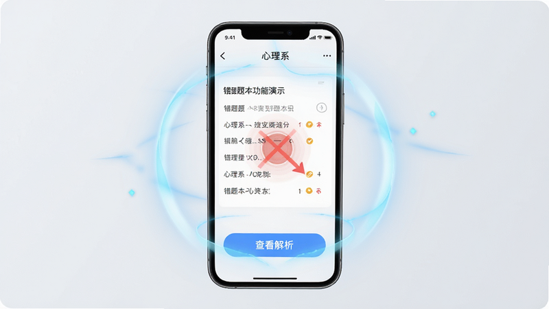 “心理系”APP错题本功能演示图,手机屏幕中央显示一道标记为红色的错题,下方有“查看解析”按钮,周围环绕着淡蓝色的光圈特效,象征重点突破,构图居中,风格现代简约,高清晰度