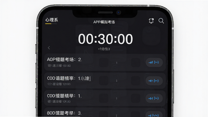 “心理系”APP模拟考场界面,显示倒计时器“00:30:00”,下方是试题列表,背景为深色模式,突出专注氛围,构图紧凑,高清细节,无干扰元素