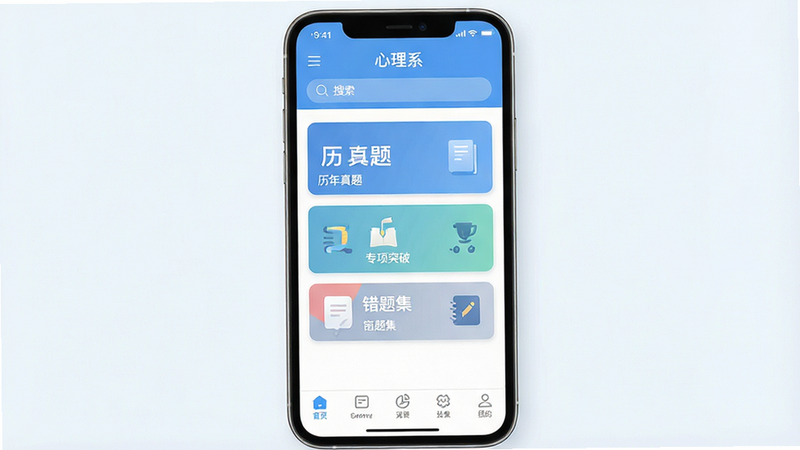 一张高清的智能手机界面展示图,主体为名为“心理系”的应用程序首页,界面采用清新的蓝白色调,顶部显示搜索栏,中部展示“历年真题”、“专项突破”、“错题集”三个核心功能模块卡片,底部有导航栏,整体风格扁平化,细节清晰,画质4K,干净无多余元素
