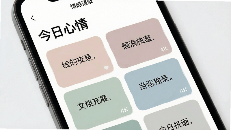 一张高清手机界面截图,主体显示'情感语录'APP首页,顶部有大标题'今日心情',下方排列着整齐的卡片式文案列表,每张卡片背景为柔和的莫兰迪色系,文字清晰可读,界面布局极简,无广告遮挡,风格清新治愈,画质4k,干净,无多余元素